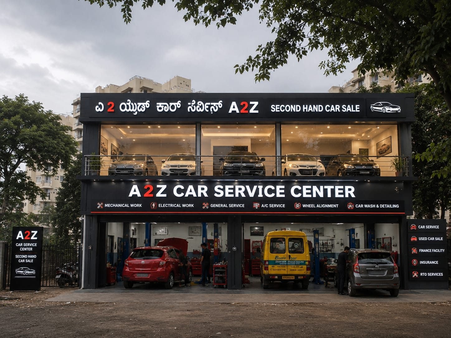 A2Z Car Service storefront in Bangalore — car service, second hand car sale, mechanical, electrical, general service, A/C service, wheel alignment and car wash